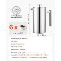 Vevor 312613 Кавоварка French Press 1.5 л з нержавіючої сталі, сріблястий колір
