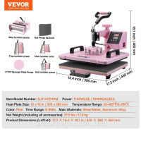Vevor 312860 Термопрес 30x38 см 8 в 1 Прес для склянок Футболки рожеві Vevor 312860 Термопрес 30x38 см 8 в 1 Прес для склянок Футболки рожеві