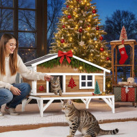 Vevor 313699 Вуличний котячий будиночок, котяча будка з пінопластовою ізоляцією, дерев'яне укриття з великою платформою,