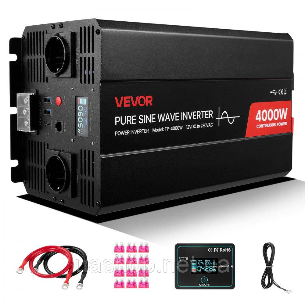 Vevor 316238 Інвертор 4000 Вт, 12 В постійного струму на 230 В змінного струму, інвертор чистої синусоїди, з РК-дисплеєм, пультом