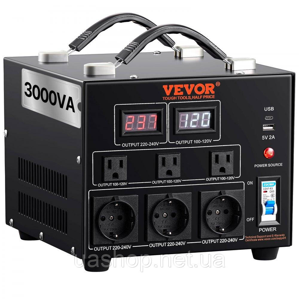Vevor 316251 3000VA Voltage Converter Transformer AC 110V⇋220V Transformer Converter 3 US NEMA 5-15R 3-контактні вихідні роз’єми,