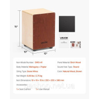 Vevor 316304 Коробка для барабана Cajon Box із заокругленими краями, дріт для малого барабана 255x255x380 мм