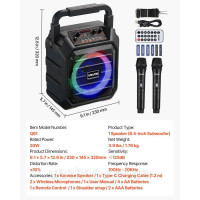 Vevor 316327 Караоке-машина, 20 Вт, 6-дюймова портативна Bluetooth-колонка з 2 бездротовими мікрофонами, світлодіодний