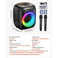 Vevor 316328 Караоке-машина, 15 Вт, портативна Bluetooth-колонка 10 см з 2 мікрофонами, світлодіодний підсвічування, функція TWS,