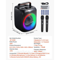 Vevor 316329 Караоке-машина, 30 Вт, портативна 6-дюймова Bluetooth-колонка з 2 бездротовими мікрофонами, світлодіодний Vevor 316329 Караоке-машина, 30 Вт, портативна 6-дюймова Bluetooth-колонка з 2 бездротовими мікрофонами, світлодіодний