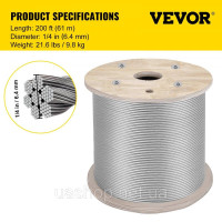 Vevor 313951 Трос з нержавіючої сталі 304, 1/4 дюйма, 7x19, 200 футів Vevor 313951 Трос з нержавіючої сталі 304, 1/4 дюйма, 7x19, 200 футів