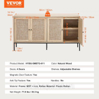 Vevor 314818 Шафа з ротанга Комод з ротанга з 4 магнітними дверцятами Регульована передпокій Vevor 314818 Шафа з ротанга Комод з ротанга з 4 магнітними дверцятами Регульована передпокій