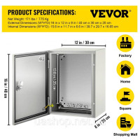 Vevor 316470 Розподільна шафа NEMA промисловий корпус, 40 x 30 x 20 см Сталева розподільна коробка NEMA 4X, водо- та Vevor 316470 Розподільна шафа NEMA промисловий корпус, 40 x 30 x 20 см Сталева розподільна коробка NEMA 4X, водо- та