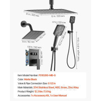 Vevor 315535 Душова система з душовою системою Rain Shower 12 дюймів / настінною лійкою 6 дюймів / ручним душем 4-в-1, поворотною