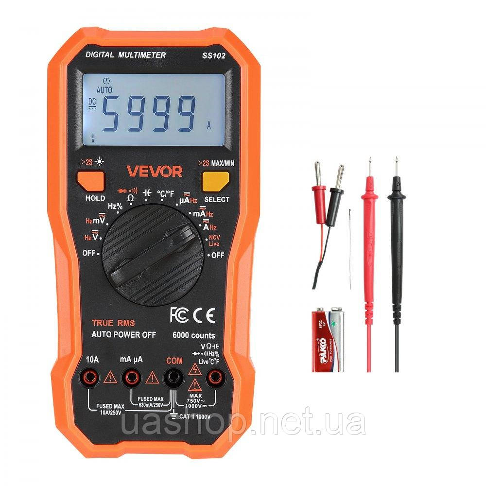 Vevor 316573 Цифровий мультиметр, вольтметр постійного/змінного струму з 6000 позначеннями, тестер струму, напруги, опору,