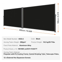 Vevor 317866 Вітрозахисний тент для внутрішнього дворика 180 x 600 см чорний рулонний бічний тент, що розсувається для приватного Vevor 317866 Вітрозахисний тент для внутрішнього дворика 180 x 600 см чорний рулонний бічний тент, що розсувається для приватного
