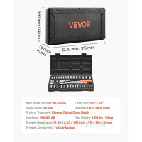 Vevor 316849 Набір головок, 39 предметів, торцеві головки 9,5 та 6,4 мм та набір тріскачки, розміри SAE та метричні, з аксесуарами Vevor 316849 Набір головок, 39 предметів, торцеві головки 9,5 та 6,4 мм та набір тріскачки, розміри SAE та метричні, з аксесуарами