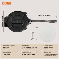 VEVOR 251893 Прес для тортильї VEVOR, Прес для тако 25 см, Міцний чавунний прес для тортильї, Прес для