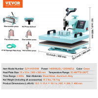 Термопрес VEVOR 38x38см 8 в 1 Прес для склянок Зелені футболки 304782