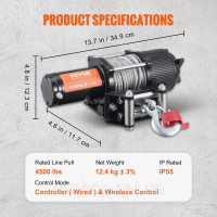 Vevor 310220 Електрична лебідка 12V 4500lbs/2041kg Позашляхова моторна лебідка Дротяний трос Електрична лебідка Сталевий кабель з