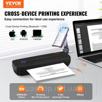Портативний Bluetooth-принтер VEVOR безчорнильний термопринтер USB iOS 300DPI 311733