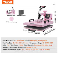 Vevor 312866 Термопрес 38x38 см, 5 в 1, футболки для пресування склянок, рожеві