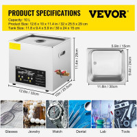 Vevor 313460 Цифровий ультразвуковий очисник 10L Нагрівач Таймер Очищення ювелірних окулярів Vevor 313460 Цифровий ультразвуковий очисник 10L Нагрівач Таймер Очищення ювелірних окулярів