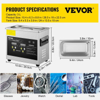 Vevor 313472 Цифровий ультразвуковий очисник 3L Нагрівач Таймер Очищення ювелірних окулярів