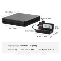 Vevor 314248 Платформні ваги 10г-50кг Посилочні ваги 2г Точність цифрових ваг кг/фунт/фунт:унція/г Лічильні ваги 250x250x43мм