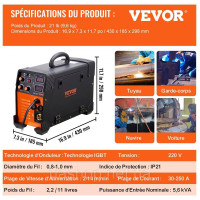 Vevor 314465 MIG/MMA/LIFT TIG 3 в 1 Зварювальний апарат 50-250 А зварювання порошковим дротом (0,8 мм і 1 мм) Технологія IGBT