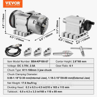 Vevor 314585 Токарний патрон К11-100мм трикулачковий патрон з 4-ою віссю обертання ЧПК, передавальним числом 6:1 і двофазним