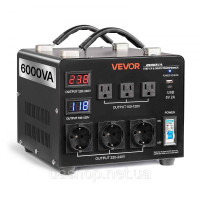 Vevor 316254 Підвищувальний/знижувальний трансформатор 6000 ВА, 110 В - 220 В та 220 В - 110 В, з 3 розетками для США, 3 розетками