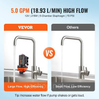Vevor 316788 12V мембранний насос 5GPM 18.93L/min 5-камерний водяний насос реле тиску 216W