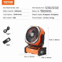 Портативний зарядний вентилятор Vevor 20000 мАч з LED-освітленням, 4 швидкості, осциляція 45/90°, для кемпінгу
