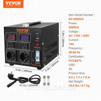 Vevor 675307 2000 ВА перетворювач напруги Трансформатор змінного струму 110 В⇋220 В трансформатор 2x US