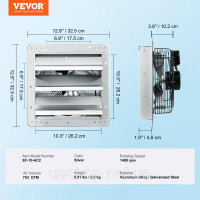 Vevor 771017 Витяжний вентилятор Настінний вентилятор 262 мм Настінний 753 CFM 27 Вт