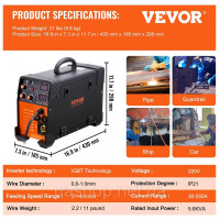 Vevor 983815 MIG/MMA/LIFT TIG 3 в 1 Зварювальний апарат 50-250 А зварювання порошковим дротом (0,8 мм і 1 мм)