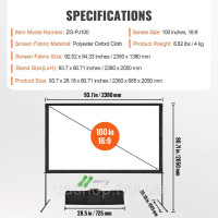 Vevor 984574 Проекційний екран з підставкою 100-дюймовий HD 4K зовнішній проекційний екран для приміщень