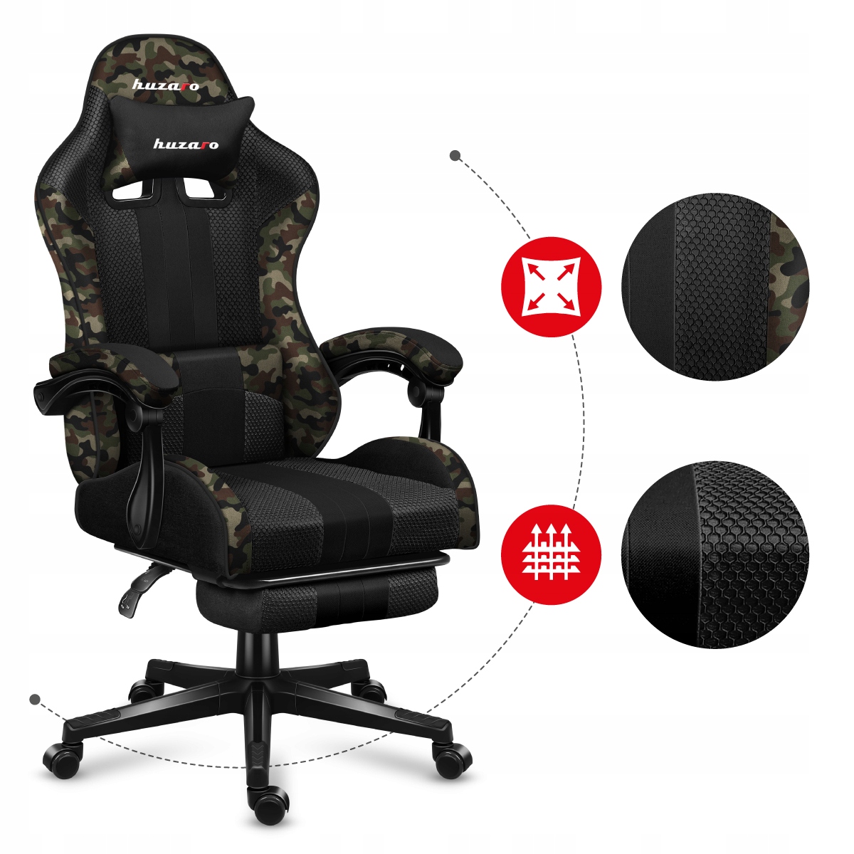 Обертове ІГРОВЕ КРІСЛО З ПІДНІЖКОЮ Huzaro Force 4.7 Camo Mesh Висота меблів 123 см
